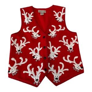 New Directions Vintage Reindeer Wool Blend Sweater Vest Holiday Christmas